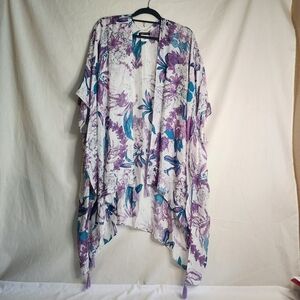 Ellen Tracy Floral Kimono Kaftan Purple and Blue Beach, Resort